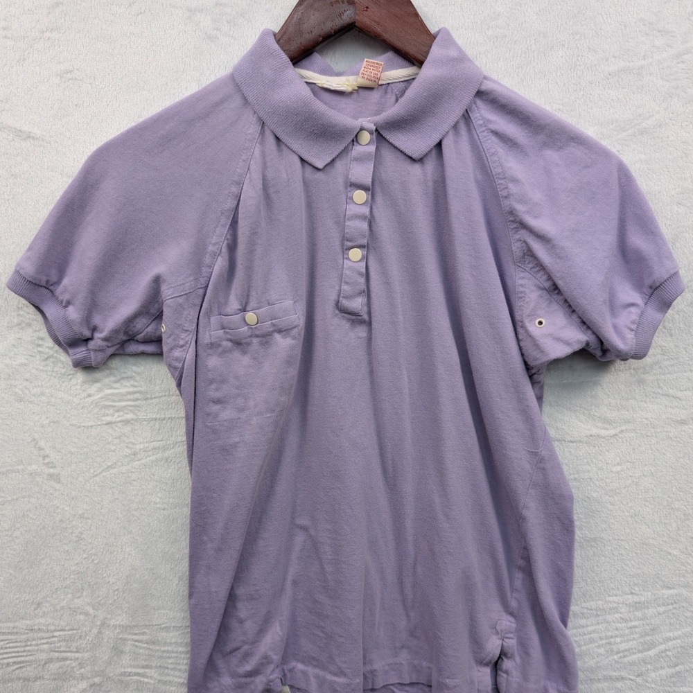 VTG Polo Shirt Women's Large Purple Cotton Cream Snap Grommet Single Stitc h80s